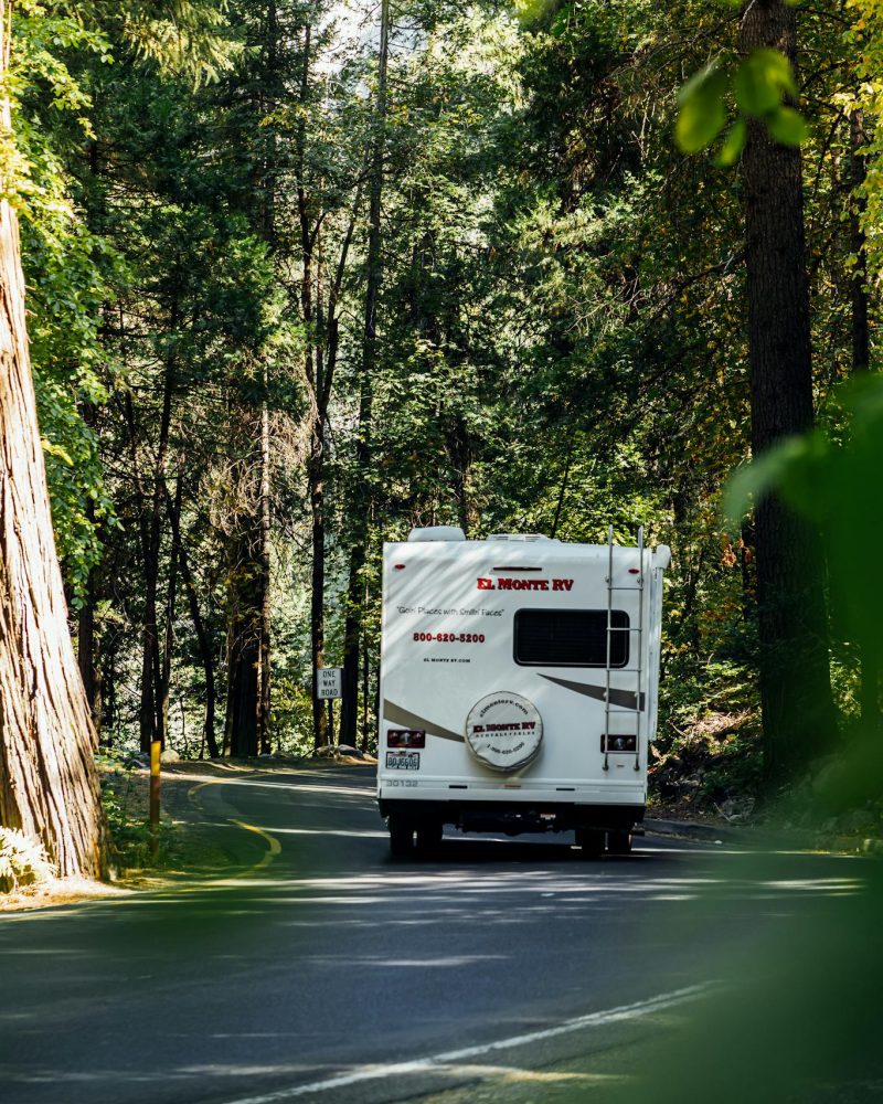 White RV traveling through lush forest on a winding mountain road.